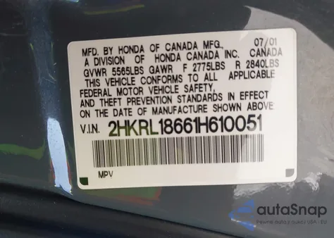 2001 Honda Odyssey Ex from USA, damaged, VIN 2HKRL18661H610051